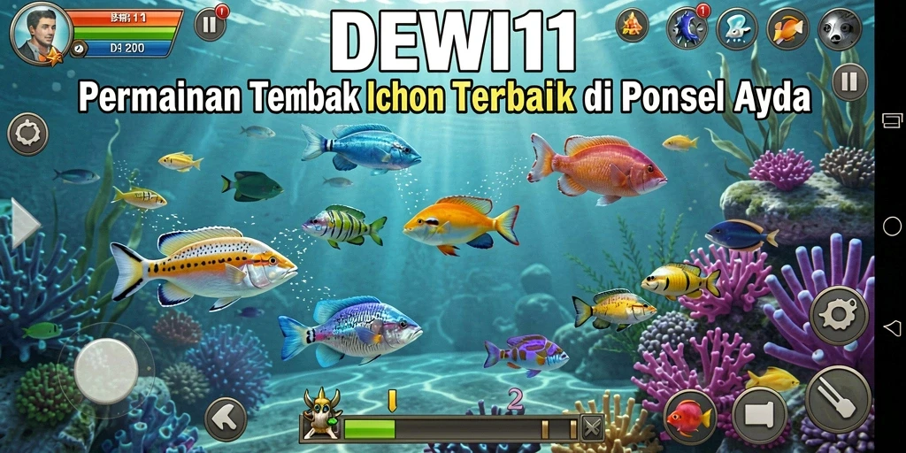 Screenshot gameplay DEWI11 yang menampilkan momen menembak ikan.