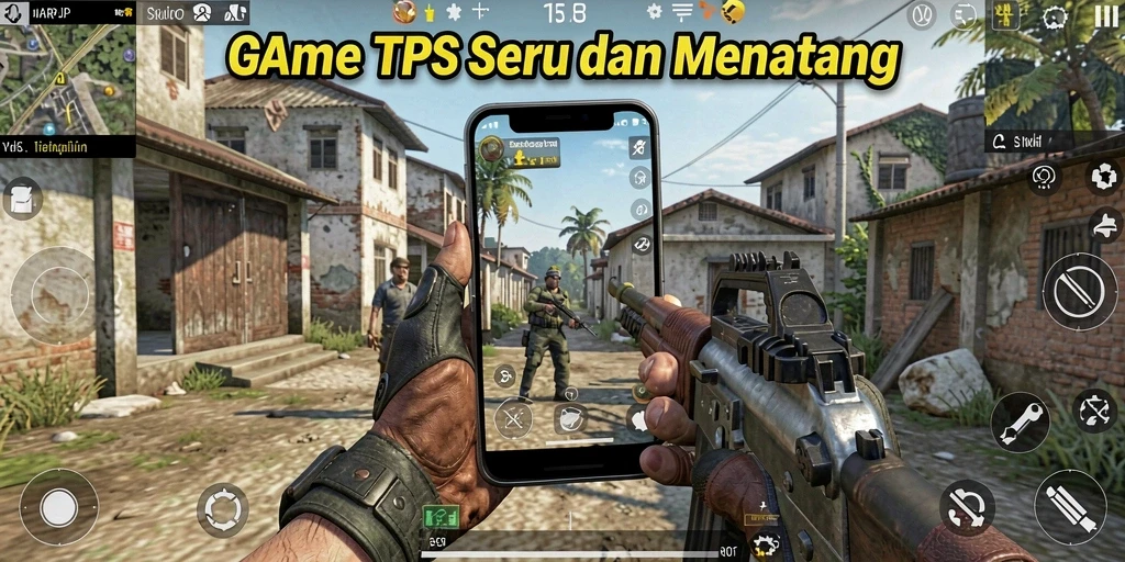 Screenshot utama menunjukkan aksi intens dalam game TPS.