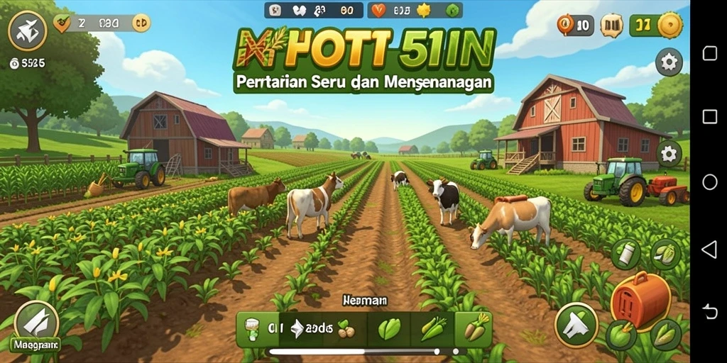 Tampilan gameplay HOT51 yang menggambarkan petualangan bertani yang menyenangkan.