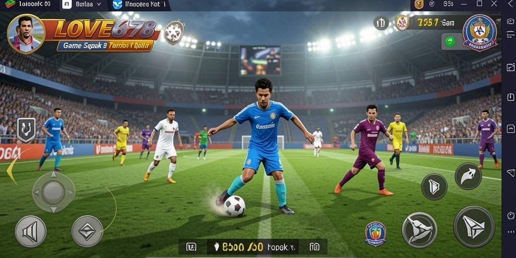 Screenshot utama LOVE678 menampilkan aksi seru permainan sepak bola.