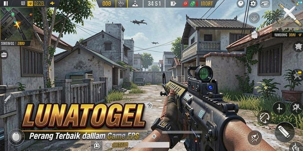 Tangkapan layar gameplay intens di LUNATOGEL menampilkan aksi FPS yang menegangkan.