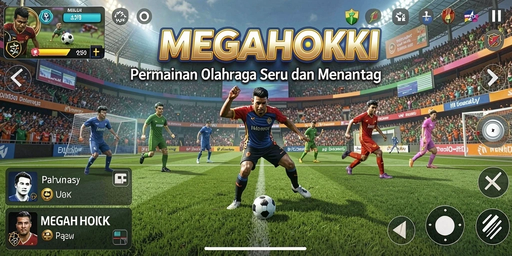 Tampilan dinamis gameplay MEGAHOKI dalam pertandingan olahraga.