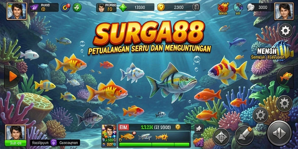 Tampilan gameplay SURGA88 dengan ikan berwarna dan aksi menembak yang seru.