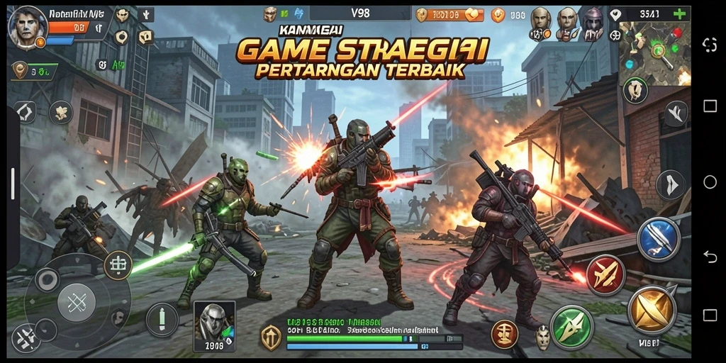 Screenshot utama V98 menampilkan aksi pertarungan yang intens dan strategi mendalam.