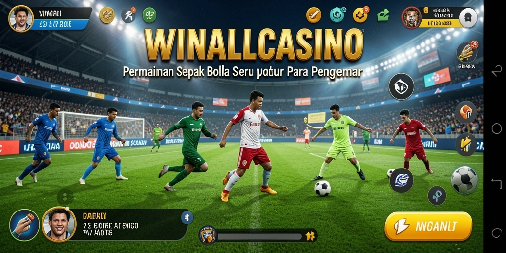 Screenshot utama WINALLCASINO menampilkan aksi sepak bola yang seru.